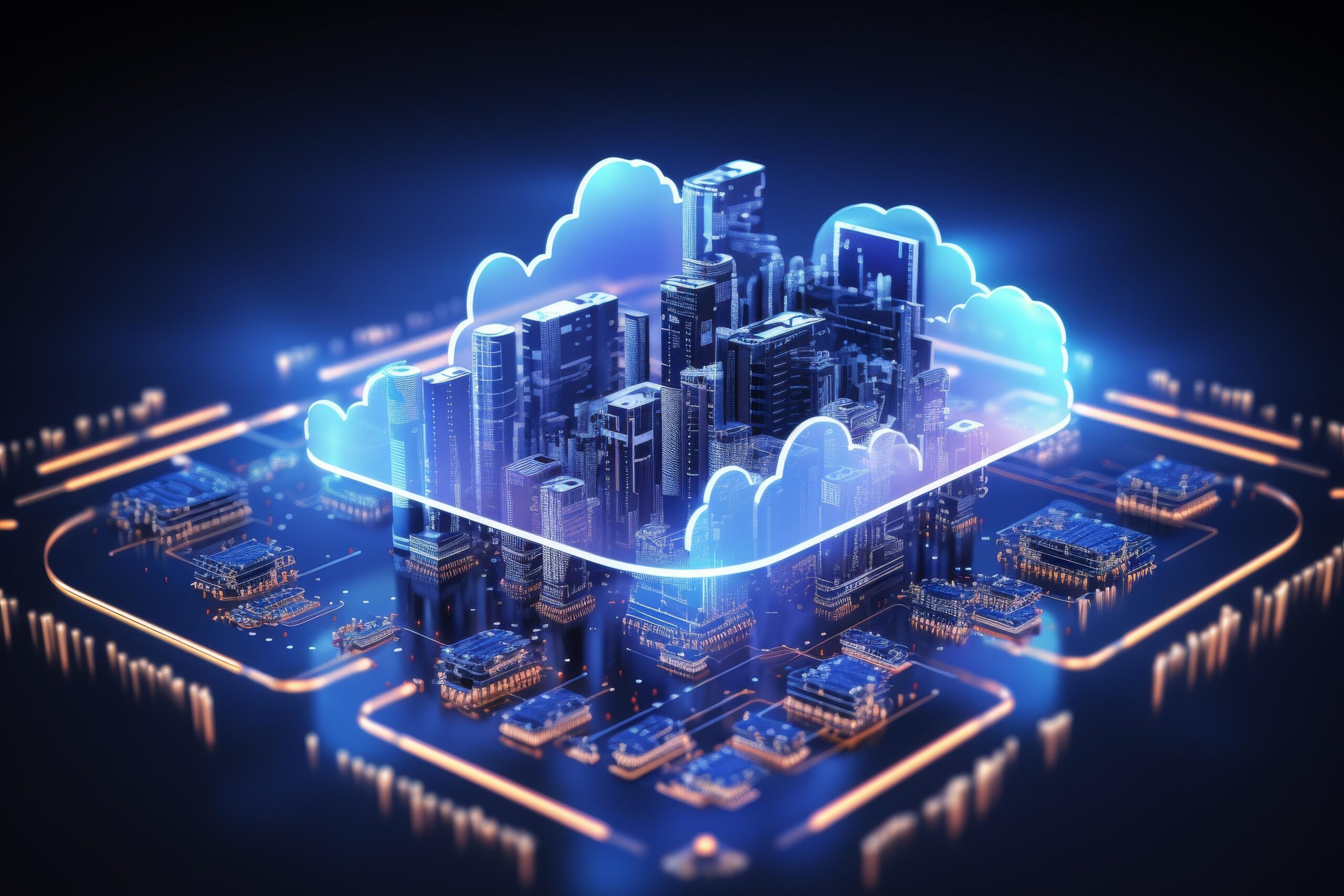 A digitally enhanced smart city with cloud computing connectivity highlighting futuristic infrastructure Cloud computing concept image double exposure